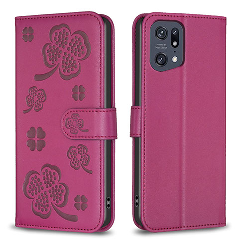 Custodia Portafoglio In Pelle Fiori Cover con Supporto BF1 per Oppo Find X5 Pro 5G Rosa Caldo