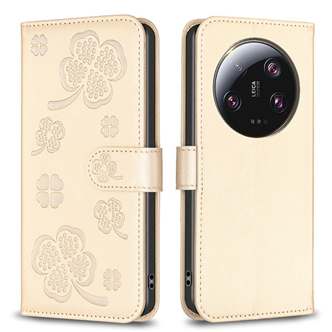 Custodia Portafoglio In Pelle Fiori Cover con Supporto BF1 per Xiaomi Mi 13 Ultra 5G Oro