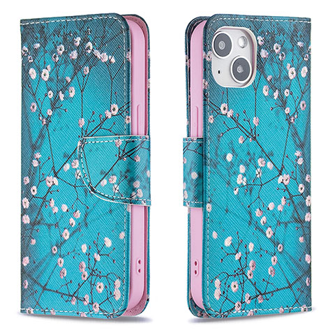 Custodia Portafoglio In Pelle Fiori Cover con Supporto L01 per Apple iPhone 14 Plus Ciano