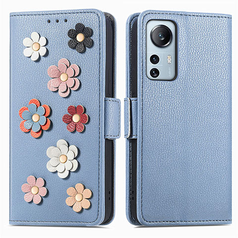 Custodia Portafoglio In Pelle Fiori Cover con Supporto L01 per Xiaomi Mi 12 Pro 5G Blu