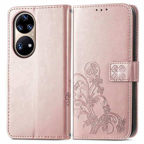 Custodia Portafoglio In Pelle Fiori Cover con Supporto per Huawei P50 Pro Rosa
