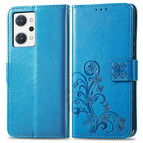 Custodia Portafoglio In Pelle Fiori Cover con Supporto per Oppo Reno7 A Blu