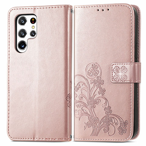 Custodia Portafoglio In Pelle Fiori Cover con Supporto per Samsung Galaxy S23 Ultra 5G Rosa