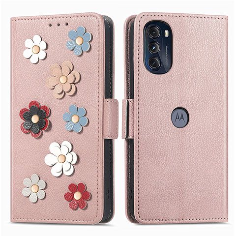 Custodia Portafoglio In Pelle Fiori Cover con Supporto S02D per Motorola Moto G 5G (2022) Oro Rosa