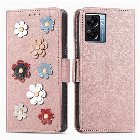 Custodia Portafoglio In Pelle Fiori Cover con Supporto S02D per Oppo A77 5G Oro Rosa