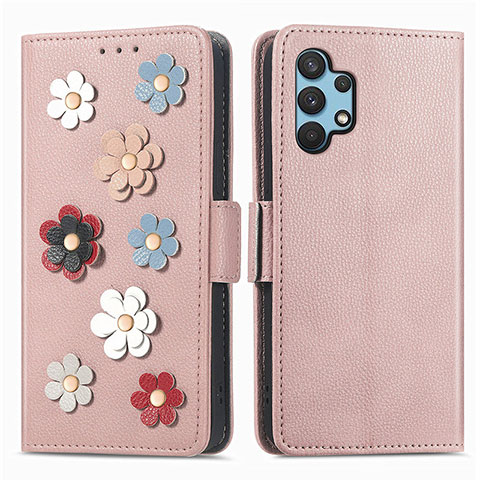 Custodia Portafoglio In Pelle Fiori Cover con Supporto S02D per Samsung Galaxy M32 5G Oro Rosa