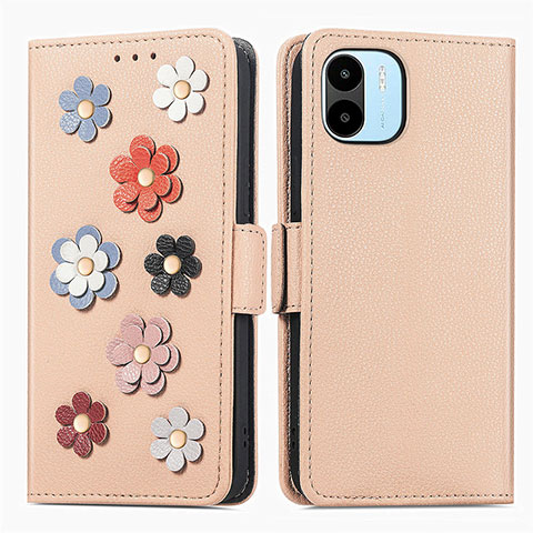 Custodia Portafoglio In Pelle Fiori Cover con Supporto S02D per Xiaomi Redmi A2 Plus Khaki