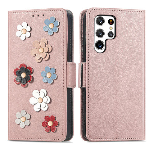 Custodia Portafoglio In Pelle Fiori Cover con Supporto S04D per Samsung Galaxy S22 Ultra 5G Oro Rosa