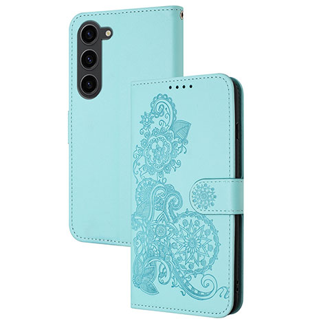 Custodia Portafoglio In Pelle Fiori Cover con Supporto Y01X per Samsung Galaxy S22 Plus 5G Azzurro