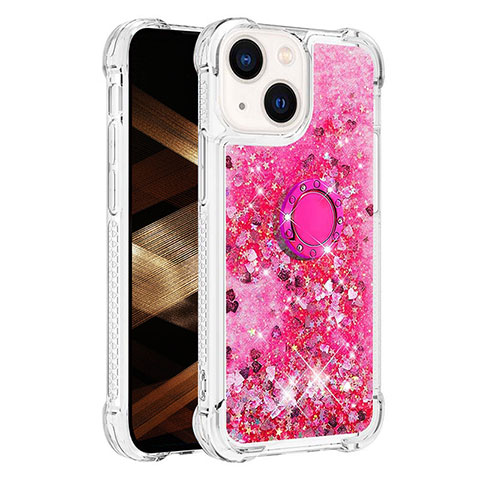 Custodia Silicone Cover Morbida Bling-Bling con Anello Supporto S01 per Apple iPhone 13 Rosa Caldo