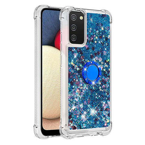 Custodia Silicone Cover Morbida Bling-Bling con Anello Supporto S01 per Samsung Galaxy A03s Blu