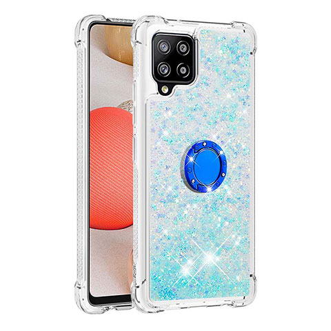 Custodia Silicone Cover Morbida Bling-Bling con Anello Supporto S01 per Samsung Galaxy A42 5G Cielo Blu