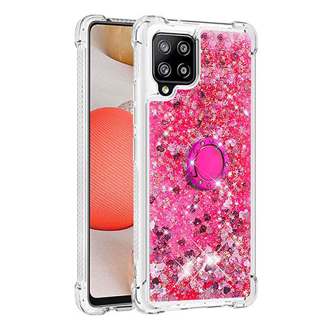 Custodia Silicone Cover Morbida Bling-Bling con Anello Supporto S01 per Samsung Galaxy A42 5G Rosa Caldo
