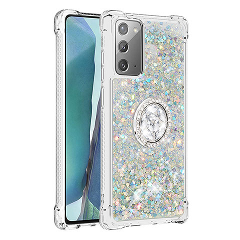 Custodia Silicone Cover Morbida Bling-Bling con Anello Supporto S01 per Samsung Galaxy Note 20 5G Argento