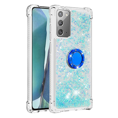 Custodia Silicone Cover Morbida Bling-Bling con Anello Supporto S01 per Samsung Galaxy Note 20 5G Cielo Blu