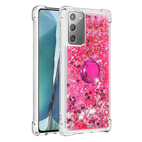 Custodia Silicone Cover Morbida Bling-Bling con Anello Supporto S01 per Samsung Galaxy Note 20 5G Rosa Caldo