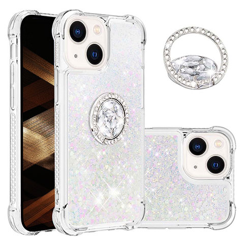 Custodia Silicone Cover Morbida Bling-Bling con Anello Supporto S03 per Apple iPhone 13 Argento