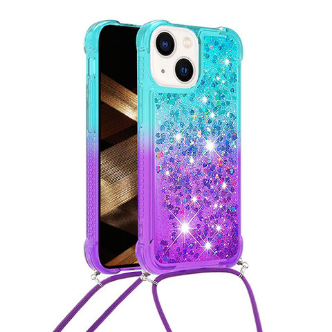 Custodia Silicone Cover Morbida Bling-Bling con Cinghia Cordino Mano S01 per Apple iPhone 14 Cielo Blu