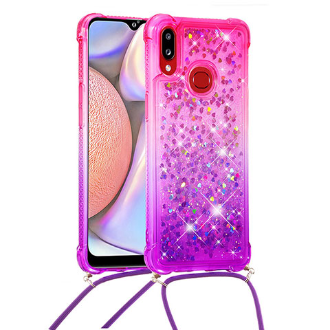 Custodia Silicone Cover Morbida Bling-Bling con Cinghia Cordino Mano S01 per Samsung Galaxy A10s Rosa Caldo