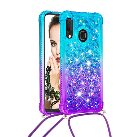 Custodia Silicone Cover Morbida Bling-Bling con Cinghia Cordino Mano S01 per Samsung Galaxy A20e Cielo Blu