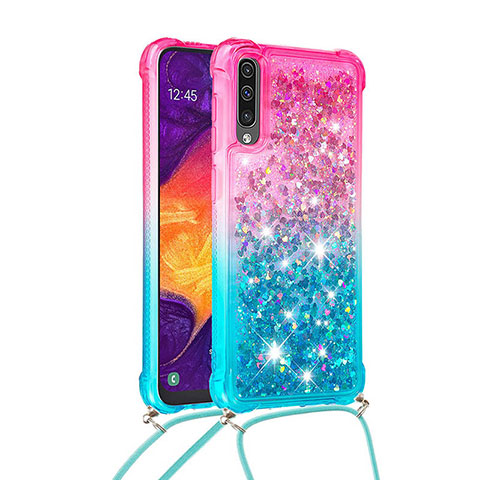 Custodia Silicone Cover Morbida Bling-Bling con Cinghia Cordino Mano S01 per Samsung Galaxy A50 Rosa