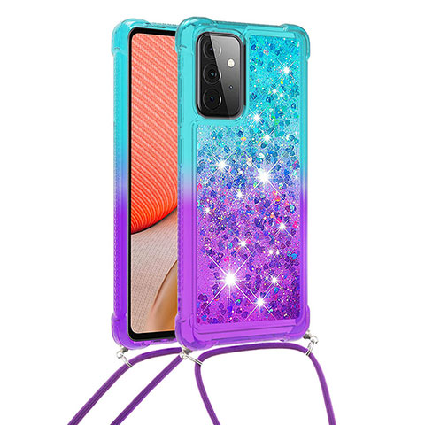 Custodia Silicone Cover Morbida Bling-Bling con Cinghia Cordino Mano S01 per Samsung Galaxy A72 5G Cielo Blu