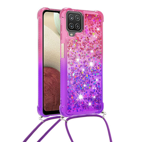 Custodia Silicone Cover Morbida Bling-Bling con Cinghia Cordino Mano S01 per Samsung Galaxy F12 Rosa Caldo