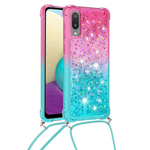 Custodia Silicone Cover Morbida Bling-Bling con Cinghia Cordino Mano S01 per Samsung Galaxy M02 Rosa Caldo