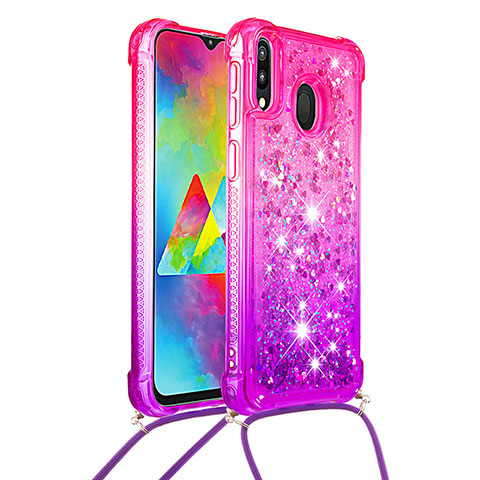 Custodia Silicone Cover Morbida Bling-Bling con Cinghia Cordino Mano S01 per Samsung Galaxy M20 Rosa Caldo