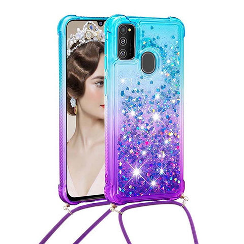 Custodia Silicone Cover Morbida Bling-Bling con Cinghia Cordino Mano S01 per Samsung Galaxy M30s Cielo Blu