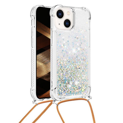 Custodia Silicone Cover Morbida Bling-Bling con Cinghia Cordino Mano S02 per Apple iPhone 15 Plus Argento