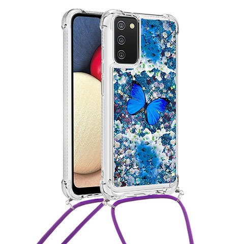Custodia Silicone Cover Morbida Bling-Bling con Cinghia Cordino Mano S02 per Samsung Galaxy A03s Blu