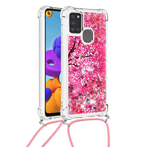 Custodia Silicone Cover Morbida Bling-Bling con Cinghia Cordino Mano S02 per Samsung Galaxy A21s Rosa Caldo
