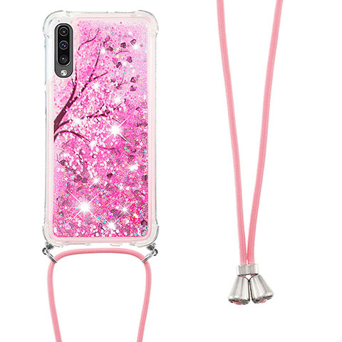 Custodia Silicone Cover Morbida Bling-Bling con Cinghia Cordino Mano S02 per Samsung Galaxy A30S Rosa Caldo