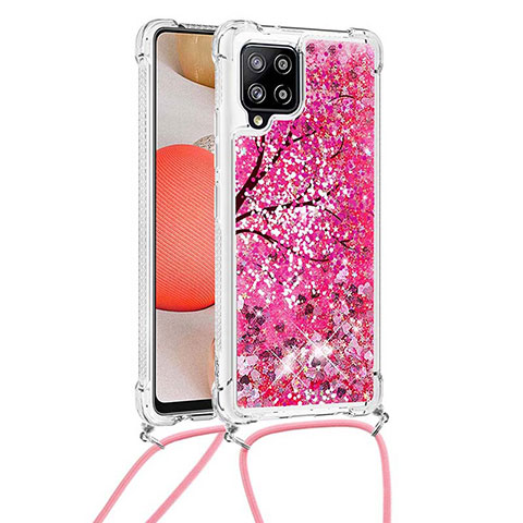 Custodia Silicone Cover Morbida Bling-Bling con Cinghia Cordino Mano S02 per Samsung Galaxy A42 5G Rosa Caldo