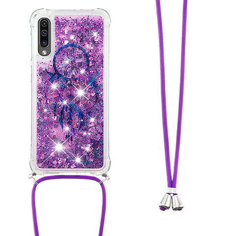 Custodia Silicone Cover Morbida Bling-Bling con Cinghia Cordino Mano S02 per Samsung Galaxy A50 Viola