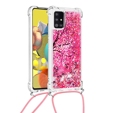 Custodia Silicone Cover Morbida Bling-Bling con Cinghia Cordino Mano S02 per Samsung Galaxy A51 4G Rosa Caldo