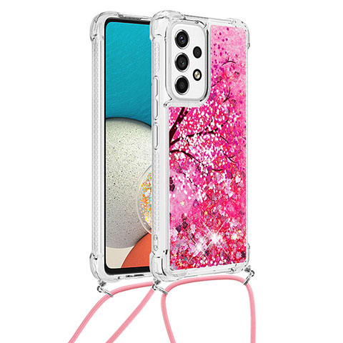Custodia Silicone Cover Morbida Bling-Bling con Cinghia Cordino Mano S02 per Samsung Galaxy A53 5G Rosa Caldo