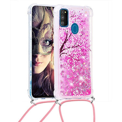 Custodia Silicone Cover Morbida Bling-Bling con Cinghia Cordino Mano S02 per Samsung Galaxy M21 Rosa Caldo