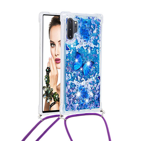 Custodia Silicone Cover Morbida Bling-Bling con Cinghia Cordino Mano S02 per Samsung Galaxy Note 10 Plus 5G Blu