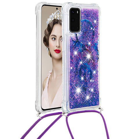 Custodia Silicone Cover Morbida Bling-Bling con Cinghia Cordino Mano S02 per Samsung Galaxy S20 5G Viola