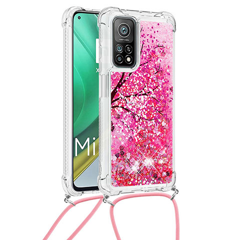 Custodia Silicone Cover Morbida Bling-Bling con Cinghia Cordino Mano S02 per Xiaomi Mi 10T 5G Rosa Caldo