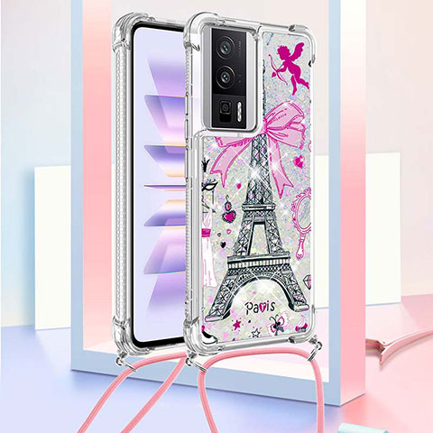 Custodia Silicone Cover Morbida Bling-Bling con Cinghia Cordino Mano S02 per Xiaomi Poco F5 Pro 5G Rosa