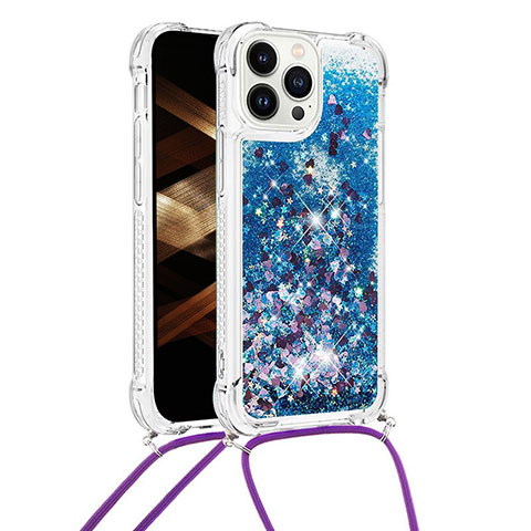 Custodia Silicone Cover Morbida Bling-Bling con Cinghia Cordino Mano S03 per Apple iPhone 13 Pro Blu