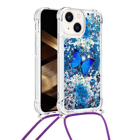 Custodia Silicone Cover Morbida Bling-Bling con Cinghia Cordino Mano S03 per Apple iPhone 14 Plus Blu