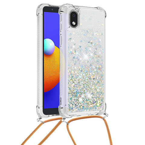 Custodia Silicone Cover Morbida Bling-Bling con Cinghia Cordino Mano S03 per Samsung Galaxy A01 Core Argento