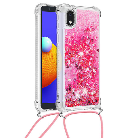 Custodia Silicone Cover Morbida Bling-Bling con Cinghia Cordino Mano S03 per Samsung Galaxy A01 Core Rosa Caldo