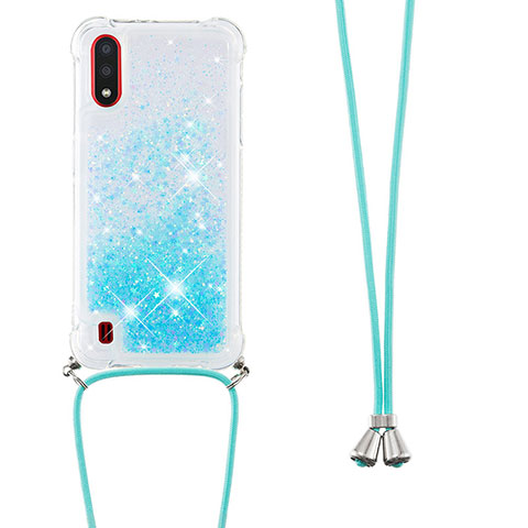 Custodia Silicone Cover Morbida Bling-Bling con Cinghia Cordino Mano S03 per Samsung Galaxy A01 SM-A015 Cielo Blu