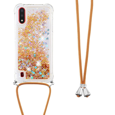 Custodia Silicone Cover Morbida Bling-Bling con Cinghia Cordino Mano S03 per Samsung Galaxy A01 SM-A015 Oro