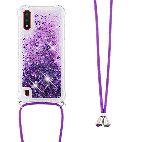 Custodia Silicone Cover Morbida Bling-Bling con Cinghia Cordino Mano S03 per Samsung Galaxy A01 SM-A015 Viola